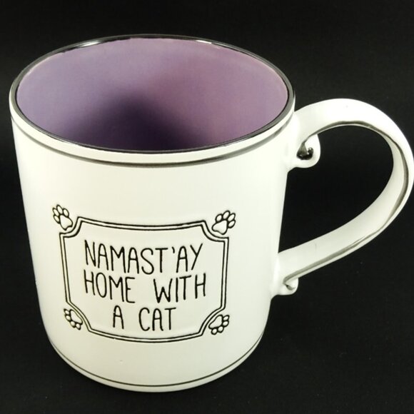 Namast'ay Home with a Cat Yoga Namaste Large Coffee Mug White Purple - Picture 2 of 8